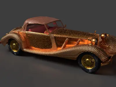 Golden vintage car   Low-poly 3D model