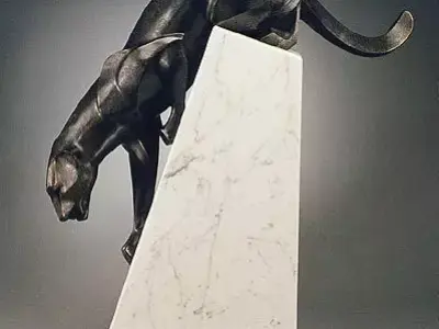 Crouching Panther Dynamic Bronze Sculpture on Marble Pedestal Low-poly 3D model