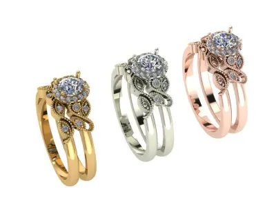 Round halo diamond ring with matching band 3D print model