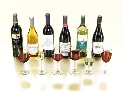 6 Wine Bottles and 6 Wine Glasses 3D model