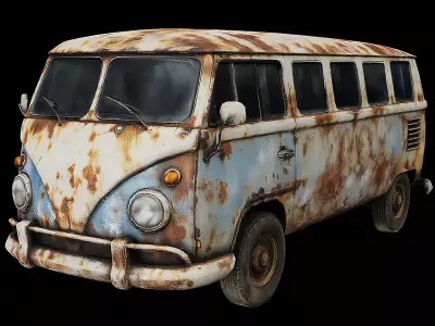 Vintage Mini Bus Rusted Retro Transport Van Game Ready PBR Low-poly 3D model
