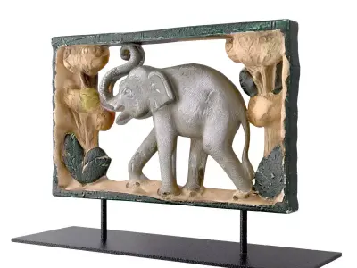 Thai Hand-Painted Wooden Elephant Wall Relief 3D model