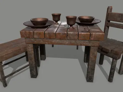 Medieval Set wooden chair Low-poly 3D model