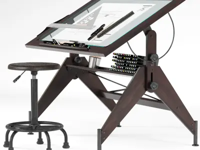 Aries Wood and Glass Drawing Table Retro Drafting Stool 3D model