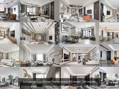 Livingroom and Kitchen interior scene 3D model 3D Model Collection
