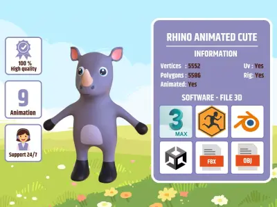 High-Quality 3D Cute Rhino - Animated for Games Low-poly 3D model