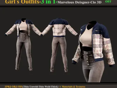 3 in 1 Girls Outfits- MD-Clo3d -OBJ - FBX -Materials-Textures  3D model