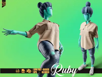 Stylized motion design female character Low-poly 3D model