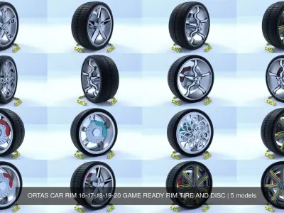 ORTAS CAR RIM 16-17-18-19-20 GAME READY RIM TIRE AND DISC 3D Model Pack