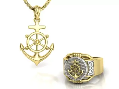 Anchor Pendant and Ring Collection Sailor Jewelry Set 3D Model Pack