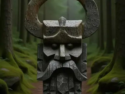 Stone Tiki Statue 3D Ancient Tribal Mask Horns Beard Low-poly 3D model