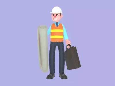 Stylized 3D Male Architect Character - Builder with Blueprint 3D model