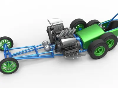 Front engine old school 6 wheeled dragster Scale 1 to 25 3D print model