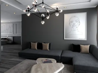 Modern Grey simple luxurious bedroom livingroom bathroom scene 3D model