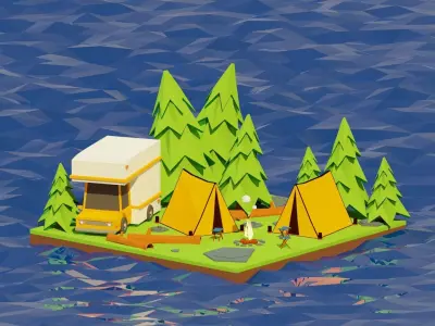 Isometric Camp Diorama Low-poly 3D model