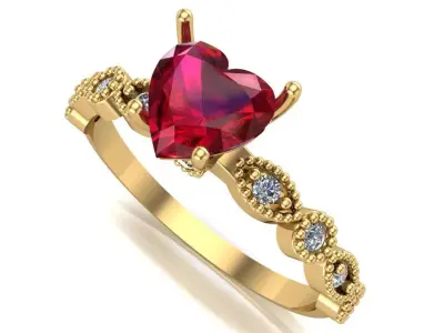 Heart gemstone ring with detailed band and brilliant stones 3D print model