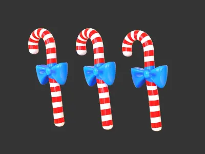 Candy Cane 02 with Bow 3D Model Christmas Decor Low Poly  Low-poly 3D model