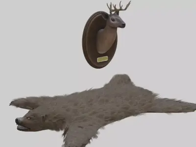 Taxidermied Deer Head Mount And Bear Rug With PBR Materials Low-poly 3D model