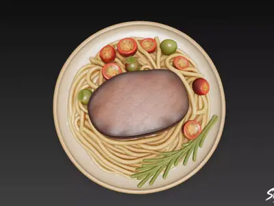 Steak on Spaghetti Low-poly 3D model