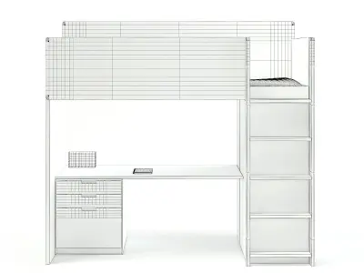 White Bunk Bed with Desk 3D model