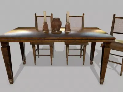 Table Set wooden chair Low-poly 3D model