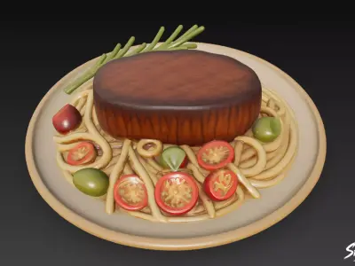 Steak on Spaghetti Low-poly 3D model