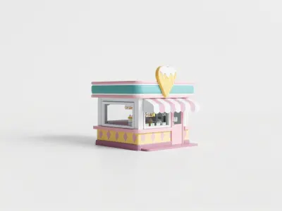 Stylized Ice Cream Parlor Model Pack with Cone-Shaped Sign Low-poly 3D model