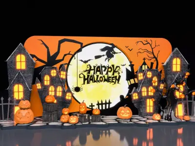 Halloween Decorative Scene with Haunted Houses and Pumpkins 3D model