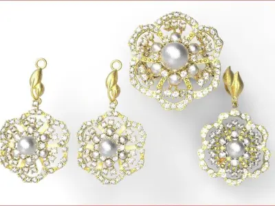 jewelry pearl and diamond brooch set Free 3D model
