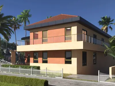 Exterior scene of rustic house on sloped landscape 3D model