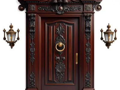 Ornate Victorian Wooden Door  Lanterns Low-poly 3D model