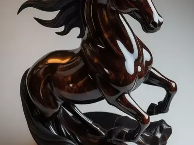 Glossy Black Horse Sculpture 3D Dynamic Animal Art Low-poly 3D model