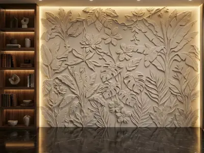  Modern Floral Relief Panel Wall Decor Set STL Mural CNC 325 3D model