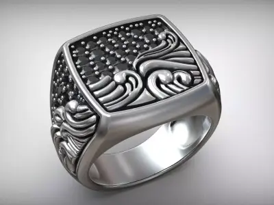 Ocean Waves Black Diamond Signet Biker Ring 3D print model