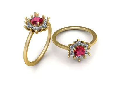Elegant Gold Ring with Ruby Center and Diamond Halo 3D model