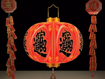 Chinese red lantern with firecracker 3D model