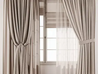 Herringbone Linen Curtain Set with Roman Blind and Sheer Layer 3D model
