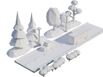 Street Set Lowpoly 3d model bus driving on road with trees Low-poly 3D model