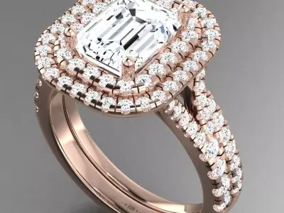 Luxury Gold Engagement Ring Set With Double Halo Diamonds 3D print model