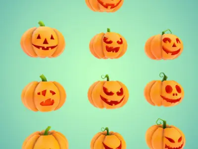 Carved pumpkin heads low poly 3d models set 4 Low-poly 3D model