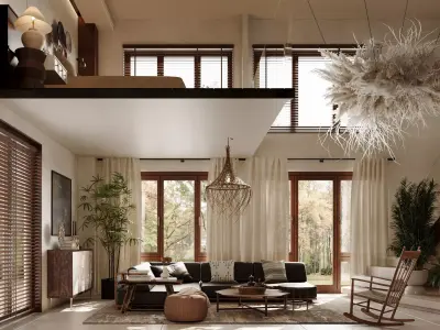 Wabi-sabi style living room dining room and bedroom 3D model