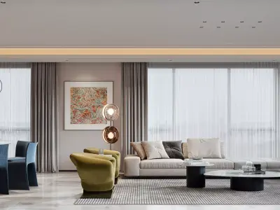 Modern luxury living and dining room interior 3D model