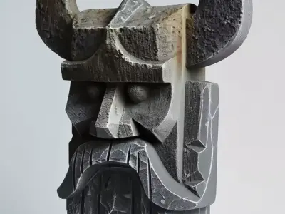 Stone Tiki Statue 3D Ancient Tribal Mask Horns Beard Low-poly 3D model