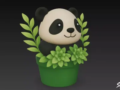 Panda in Flower Pot Low-poly 3D model