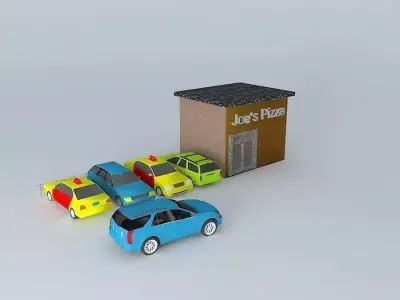 A Pizzeria gas station with cars parked Free 3D model