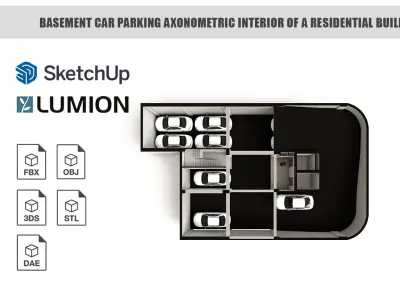 Basement Car parking axonometric interior of a building 3D model