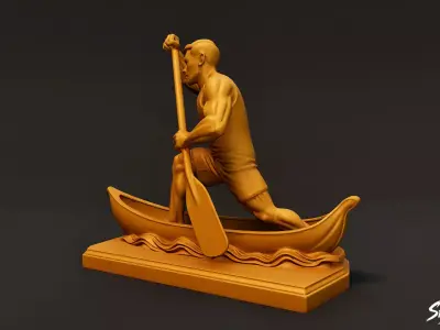 Golden Canoeing Statue Low-poly 3D model