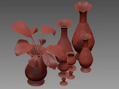 set235 set of vases and plant on table 3D model