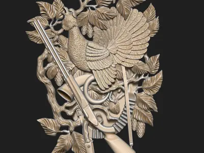 Hunting wood carving with eagle 3D print model