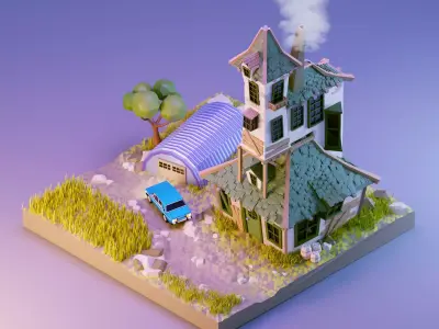 low poly Gameasset3 house with car Low-poly 3D model